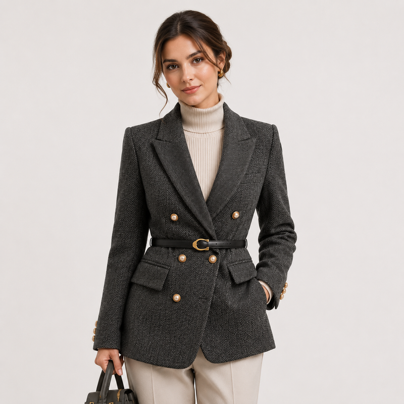Blazer Croisé Ceinturé à Motif Chevron Femme Albane