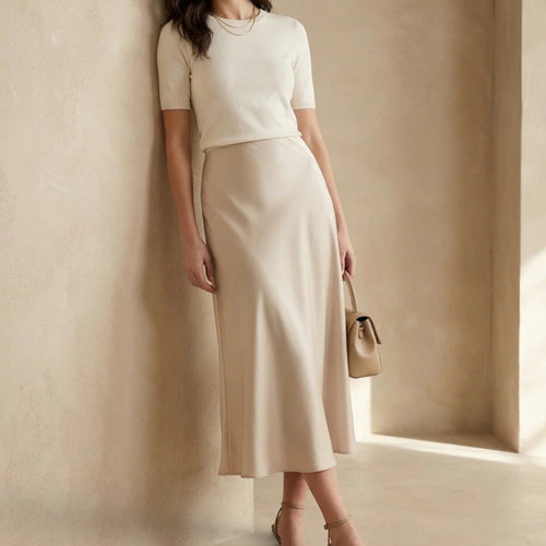 Jupe Satinée Midi Taille Haute Femme Céline
