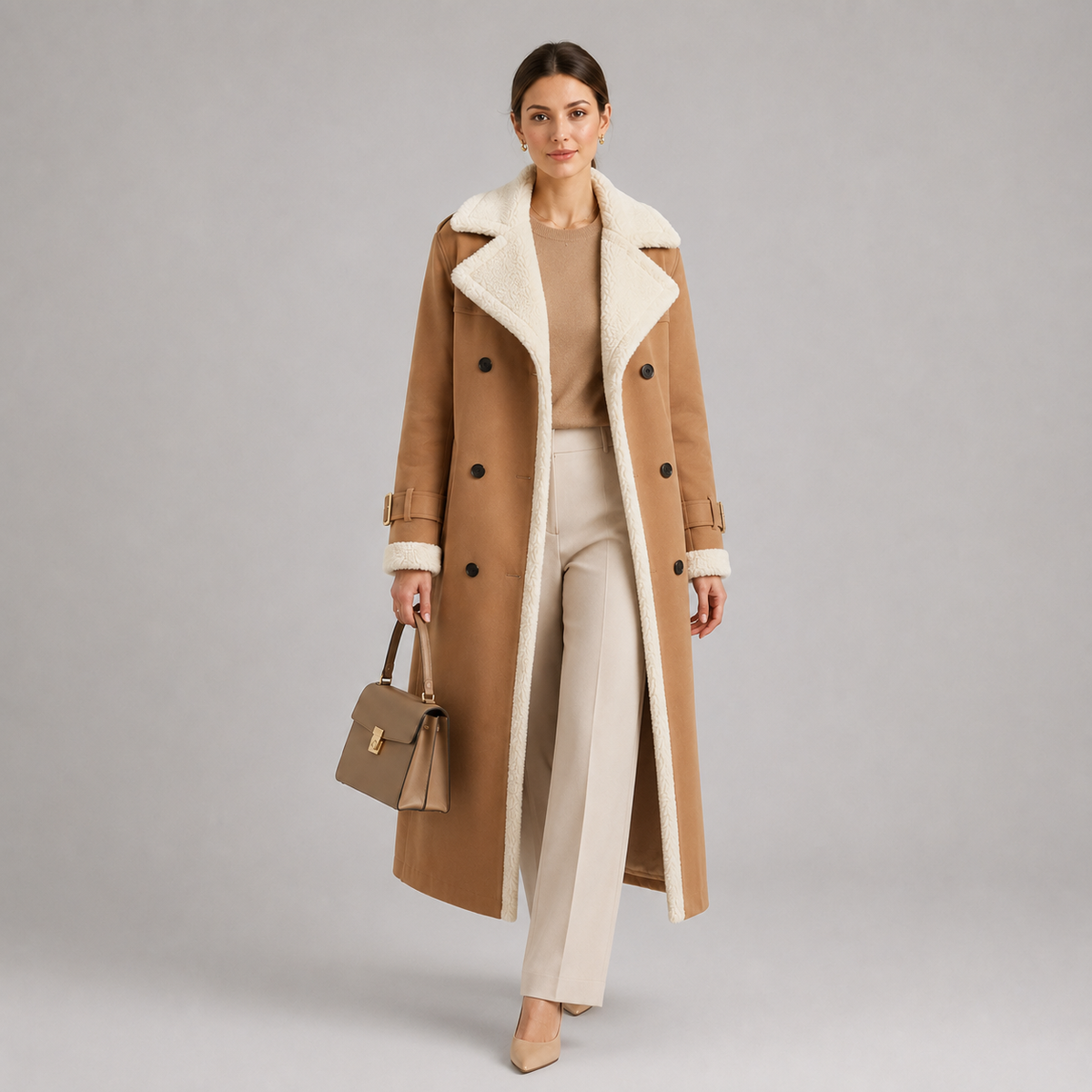 Manteau Long Col Fausse Fourrure Femme Marion