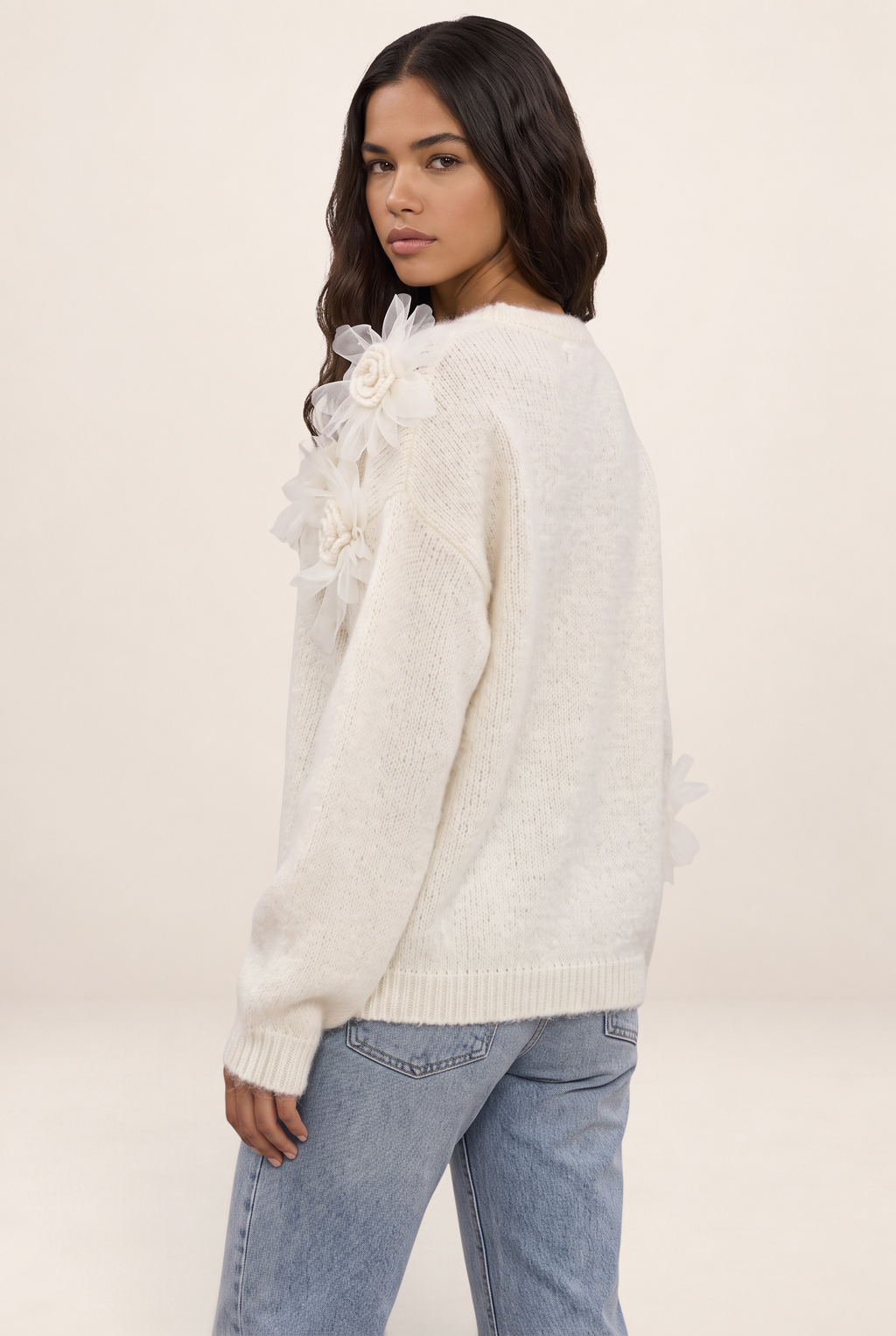 Pull Fleur en Maille Blanc Femme Maya