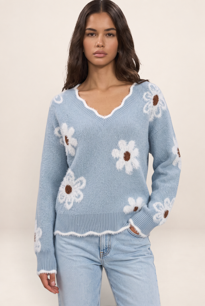 Pull Fleur Col V Femme Edwige