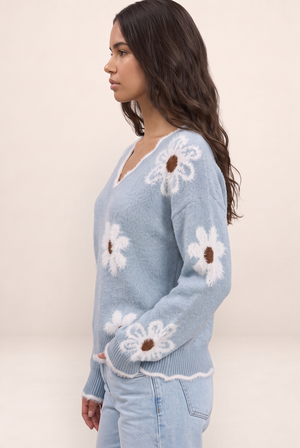 Pull Fleur Col V Femme Edwige