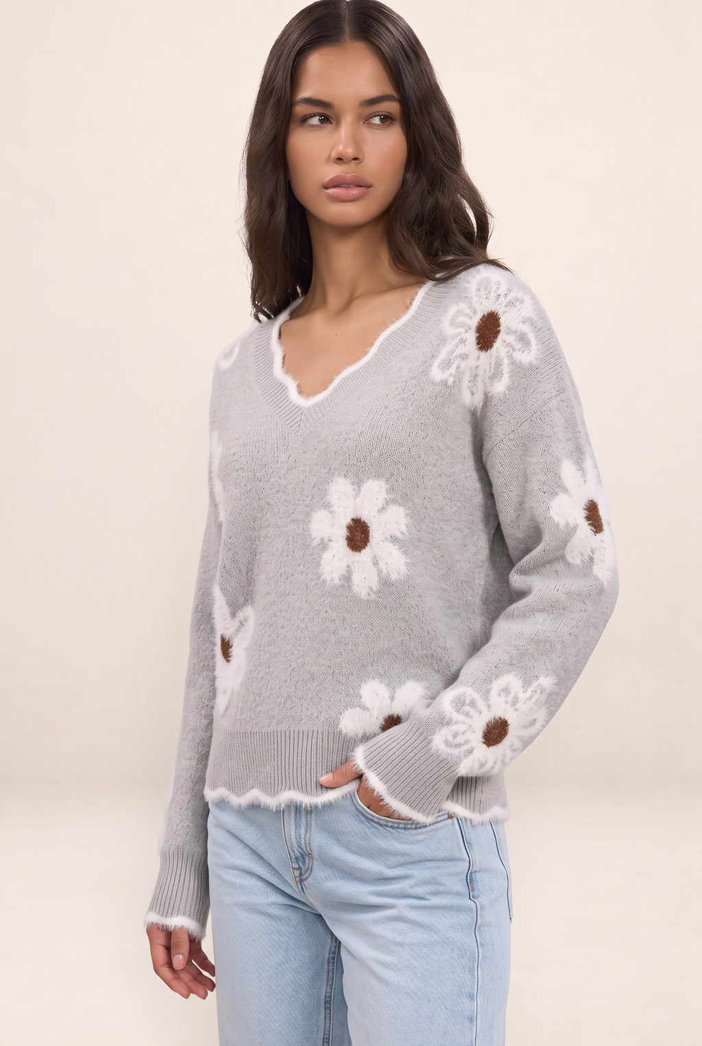 Pull Fleur Col V Femme Edwige