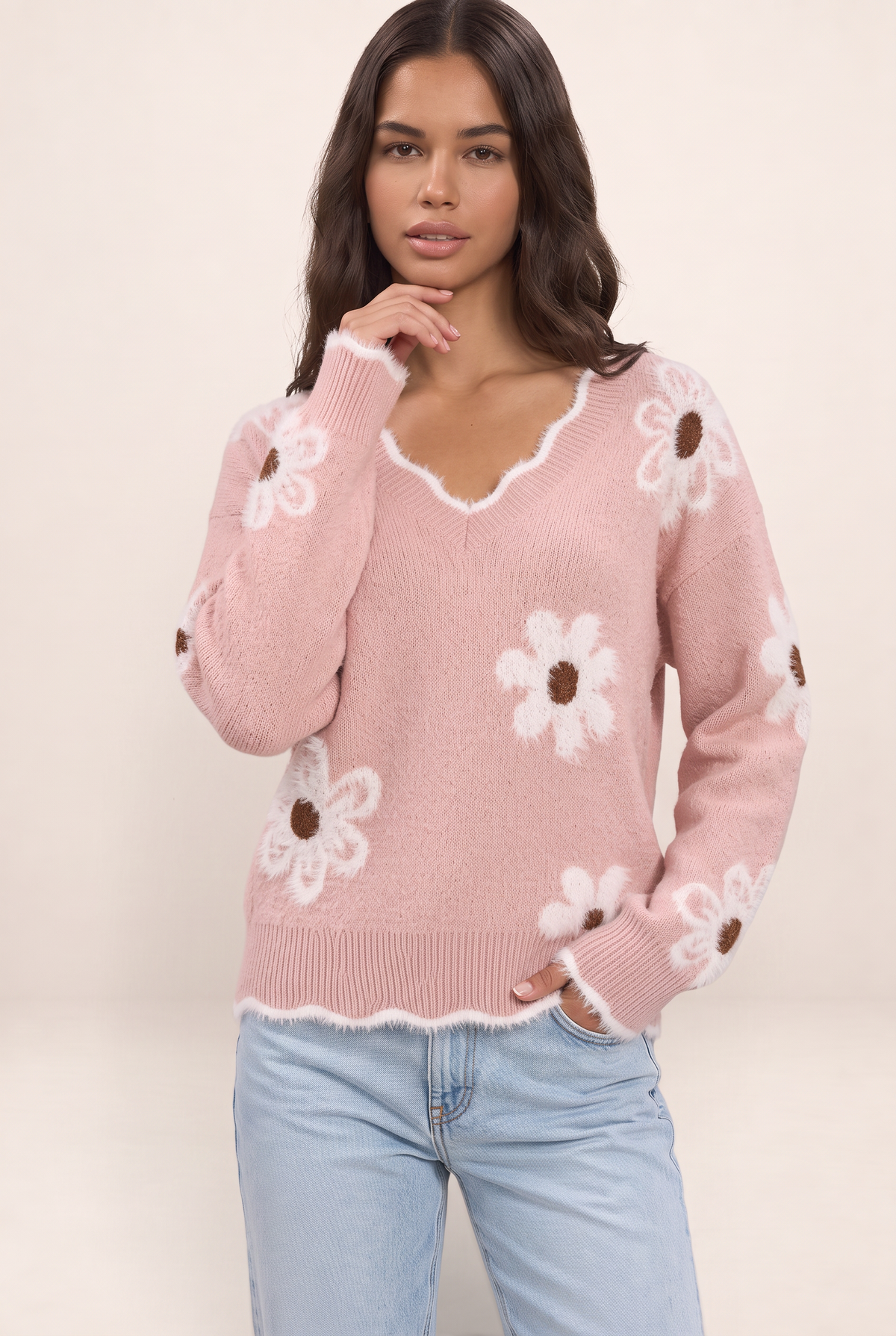 Pull Fleur Col V Femme Edwige