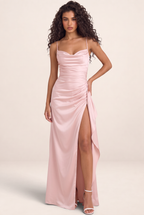 Robe Longue Satin Drapée Fendue Femme Salomé