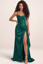 Robe Longue Satin Drapée Fendue Femme Salomé