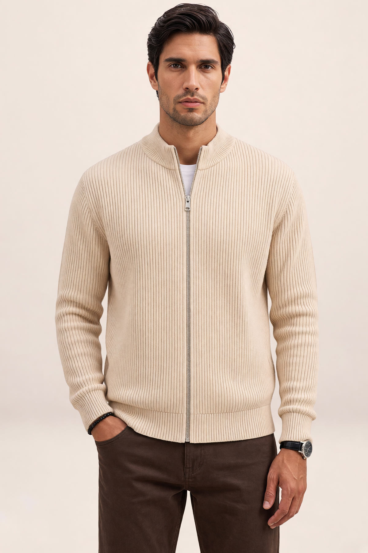Pierre | Gilet Zippé en Maille Côtelée – Cardigan Zippé Col Montant Homme