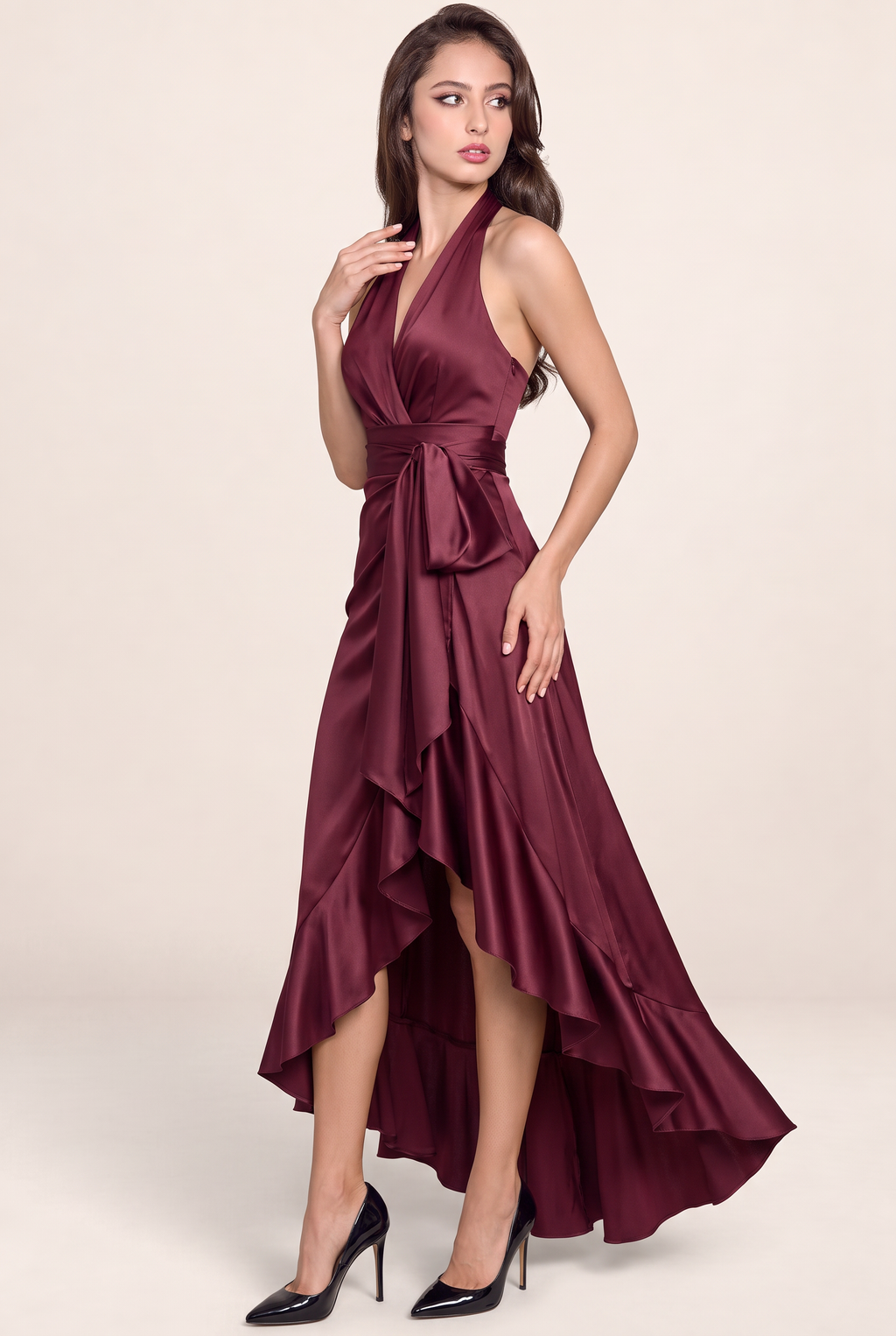 Robe Satin Asymétrique à Volants Femme Victoria