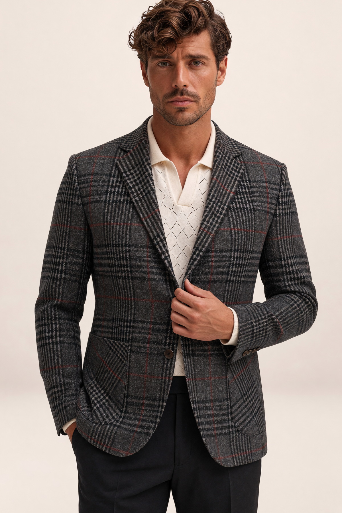 Blazer à Carreaux Effet Tweed Homme Léon