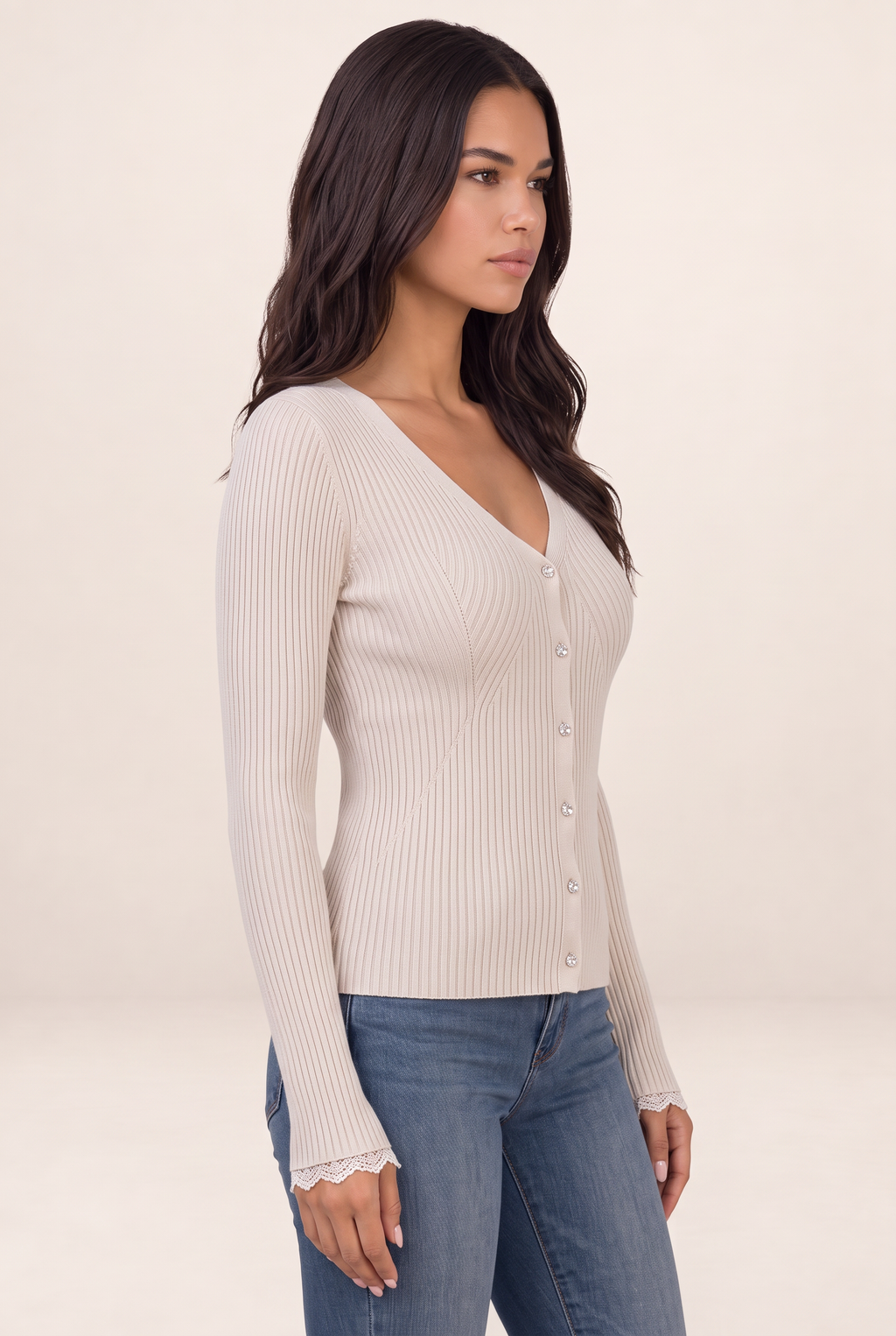 Cardigan Col V Côtelé Femme Marine