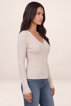 Cardigan Col V Côtelé Femme Marine