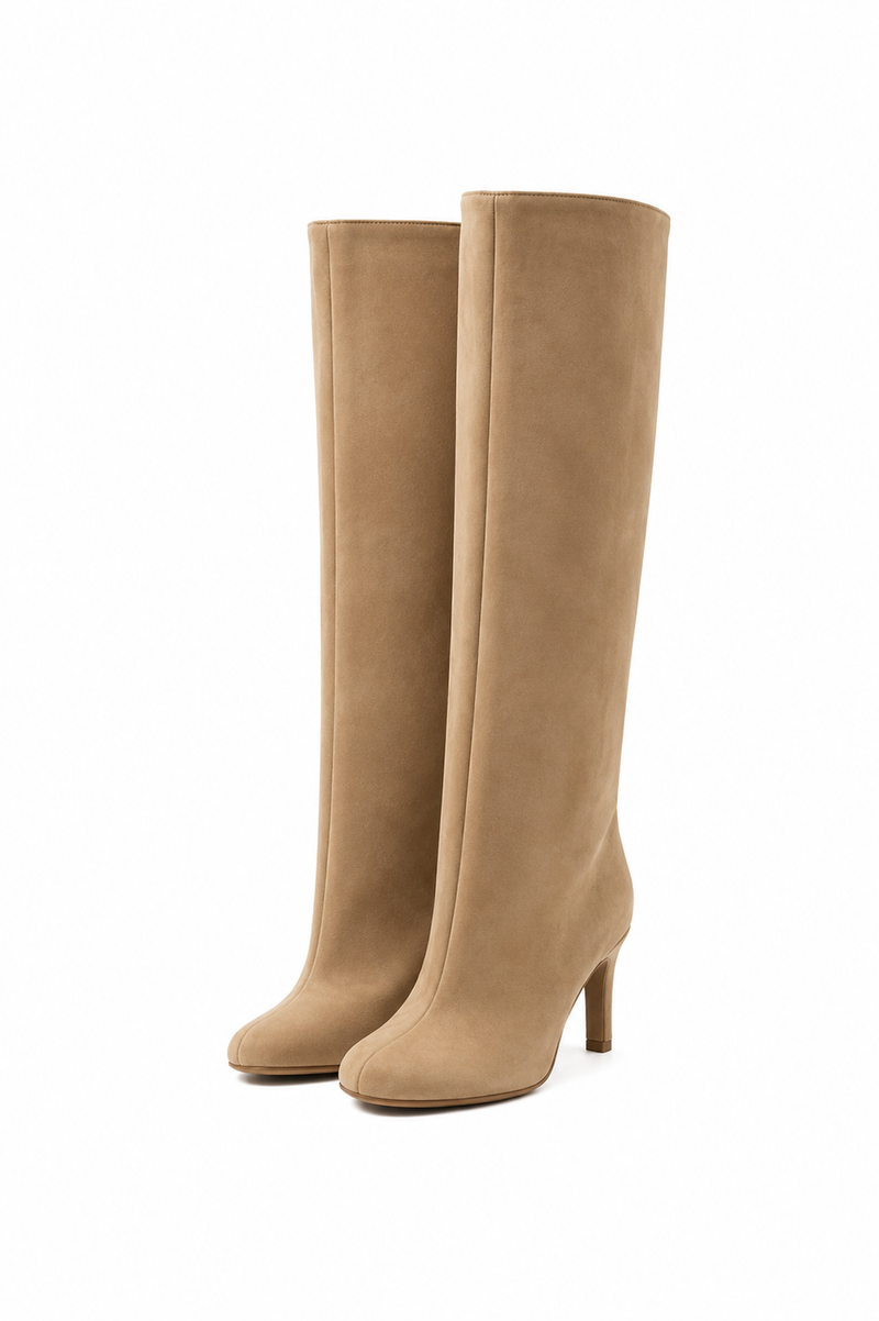 Bottes Hautes à Talon Fin en Suédine Camel Femme Héloïse