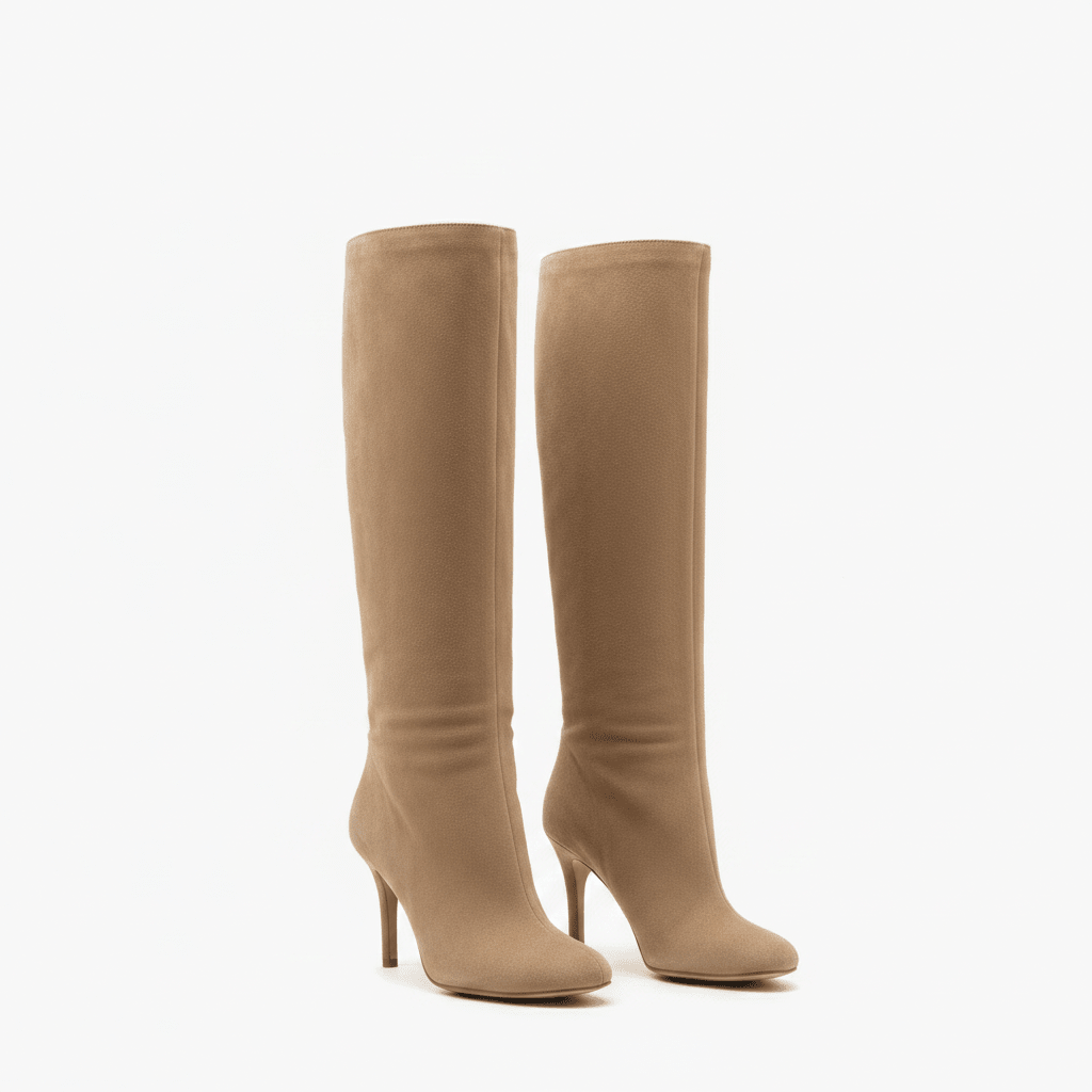 Bottes Hautes à Talon Fin en Suédine Camel Femme Héloïse